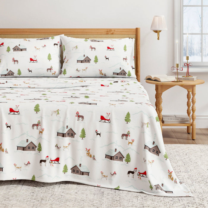 Great Bay Home Turkish Cotton Christmas Flannel Sheet in Pups with Hats