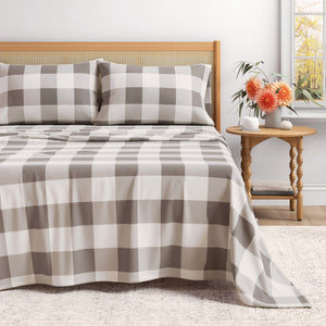 Great Bay Home Turkish Cotton Flannel Sheet in Buffalo Check - Grey