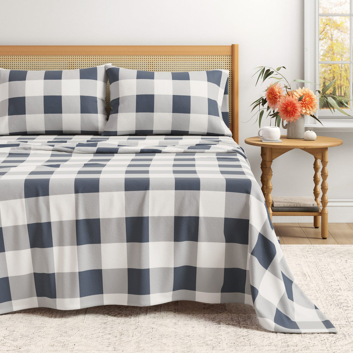 Great Bay Home Turkish Cotton Flannel Sheet in Buffalo Check - Navy
