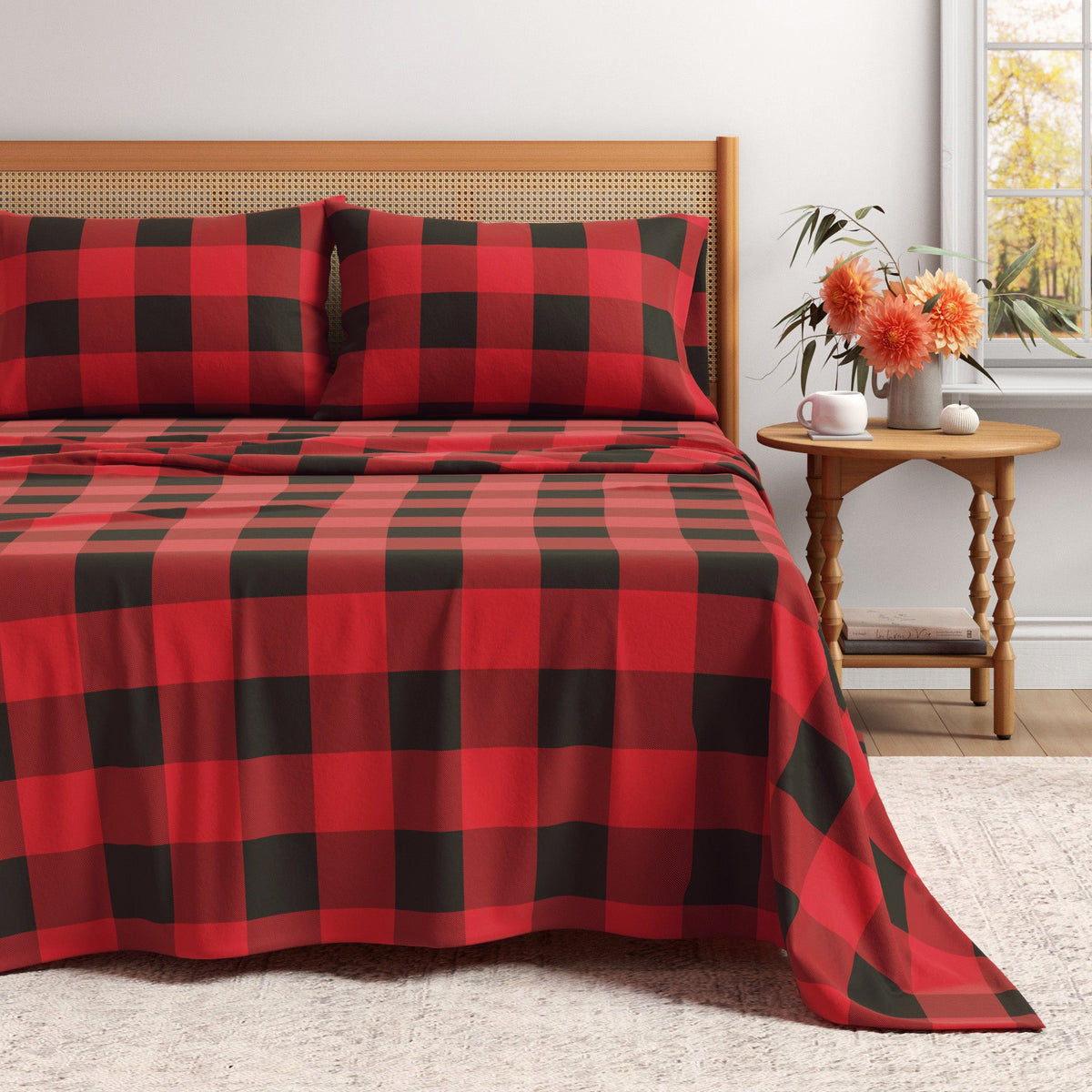 Great Bay Home Turkish Cotton Flannel Sheet in Buffalo Check - Red/Black