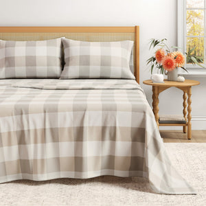 Great Bay Home Turkish Cotton Flannel Sheet in Buffalo Check - Soft Taupe / Pale Grey