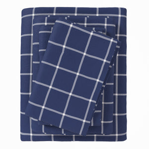 Great Bay Home Turkish Cotton Flannel Sheet in Windowpane - Navy / White