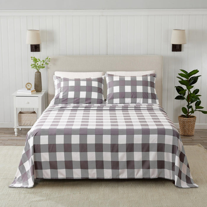 4 Piece Microfiber Sheet Set - Baylor Collection - Buffalo Check - Grey/White | Great Bay Home