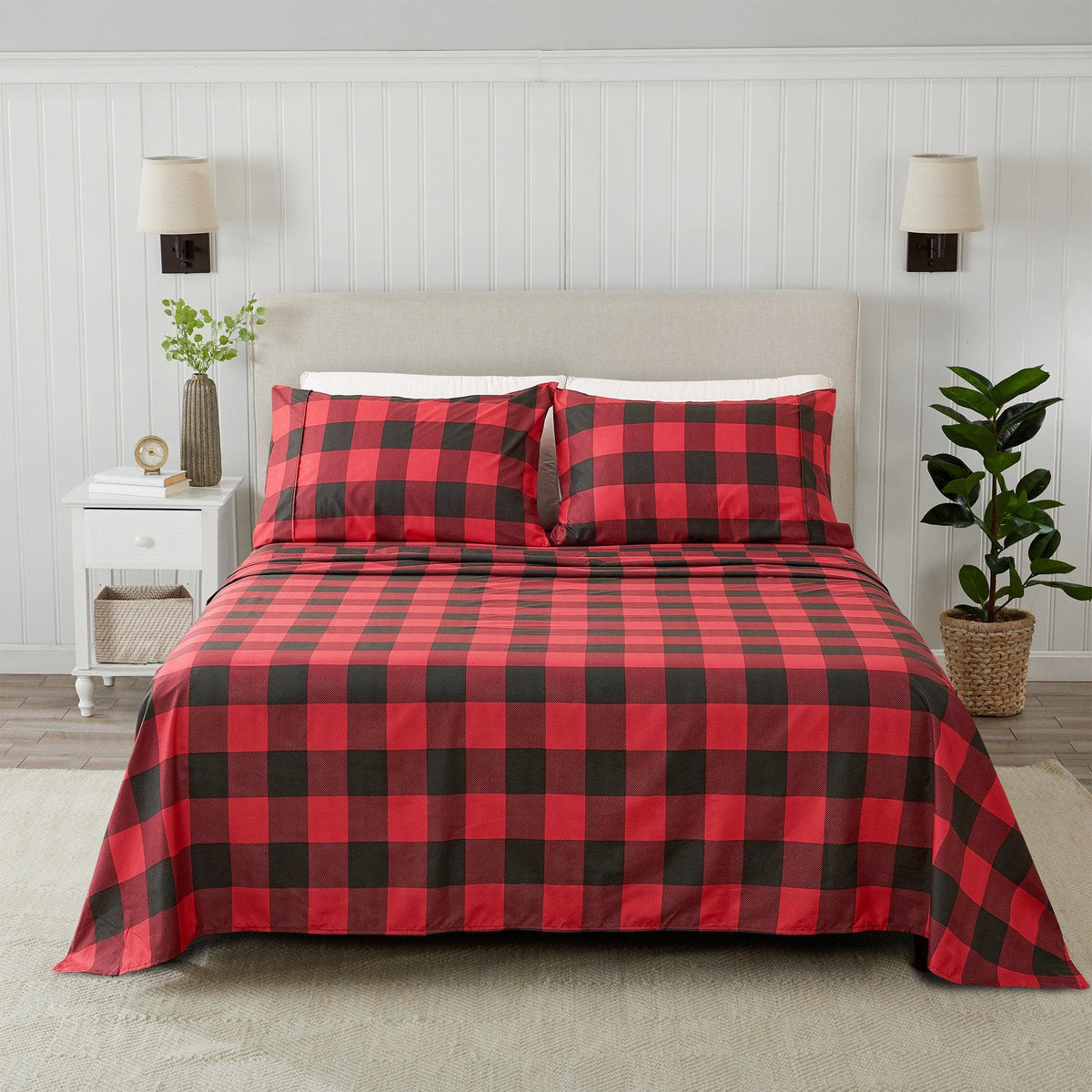 Great Bay Home Printed Sheet Set in Buffalo Check - Black/Red