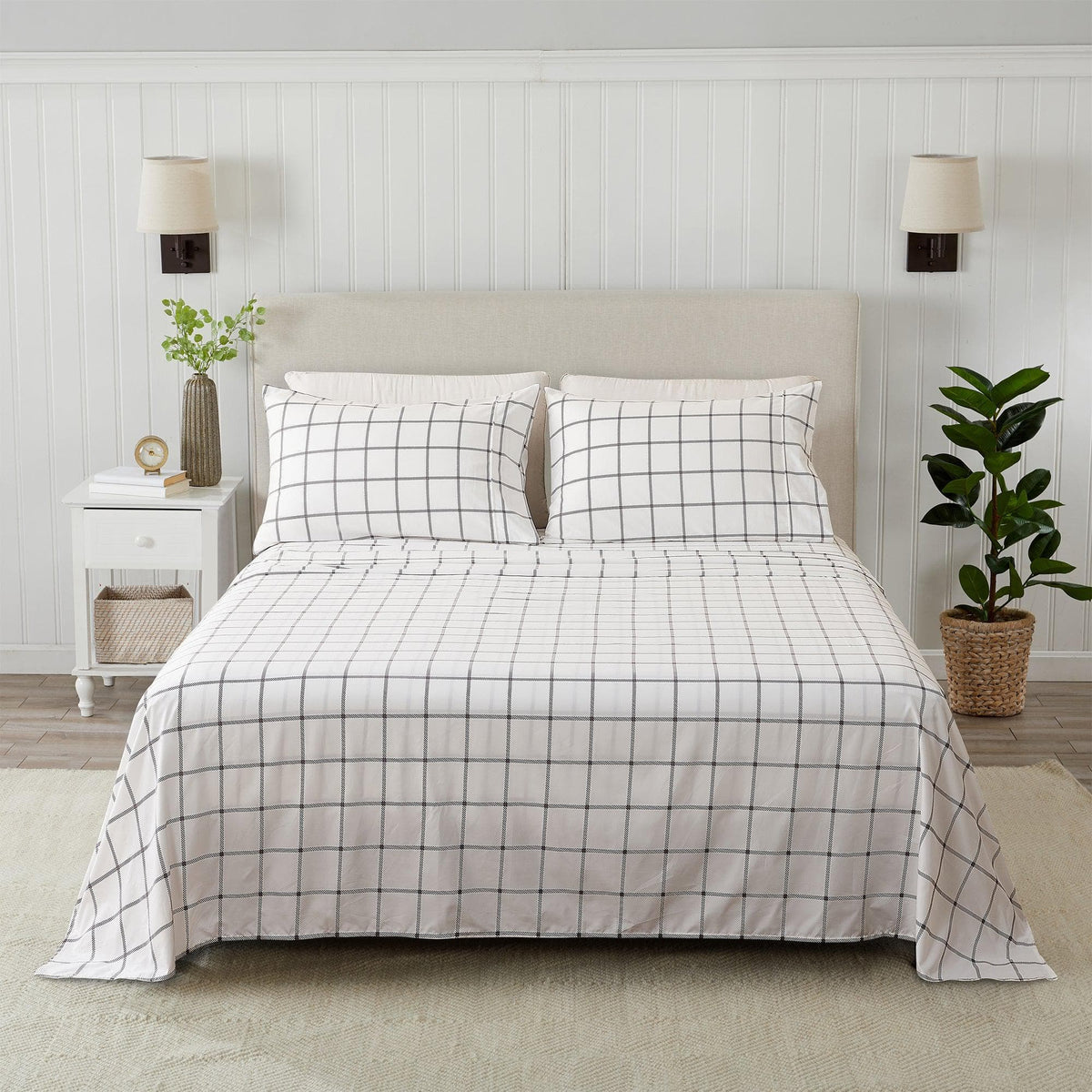Great Bay Home Printed Sheet Set in Windowpane - White/Grey