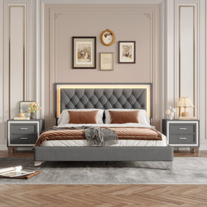 Homey Life Queen Upholstered Platform Bed with LED Lights
