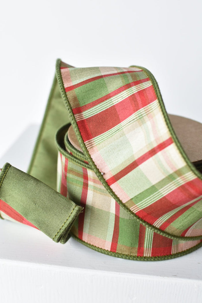 House by JSD 2.5" x 10yd Red/Green/Tan Plaid Dupioni Silk Ribbon