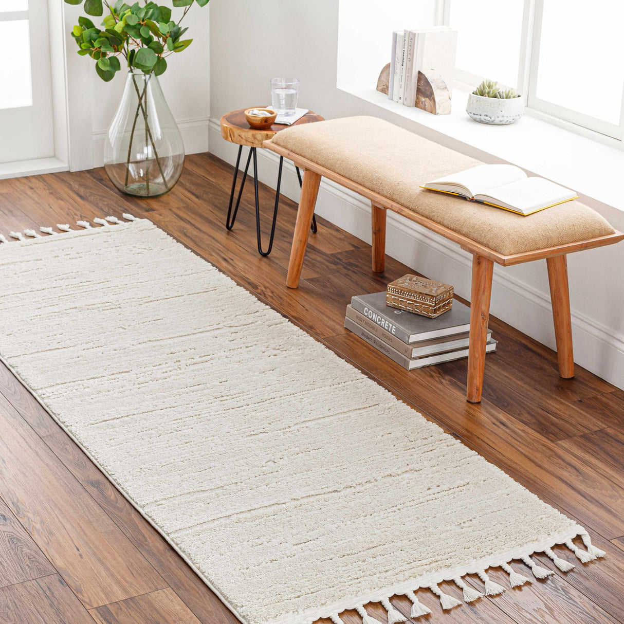 Ibarra Textured Ivory High/Low Pile Rug with Tassels
