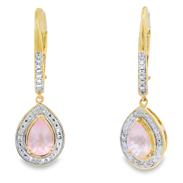 Rose Quartz Diamond Dangle Earrings 10KT Yellow Gold