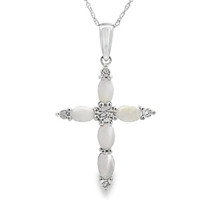 Opal Diamond Cross Religious Pendant 10KT White Gold
