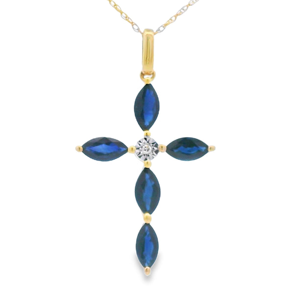 Sapphire Cross Religious Pendant 10KT Yellow Gold