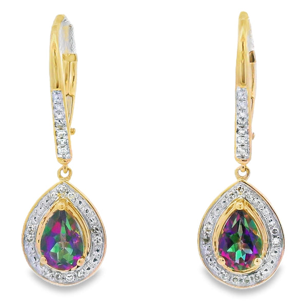 Mystic Fire Topaz Dangle Earrings 10KT Yellow Gold