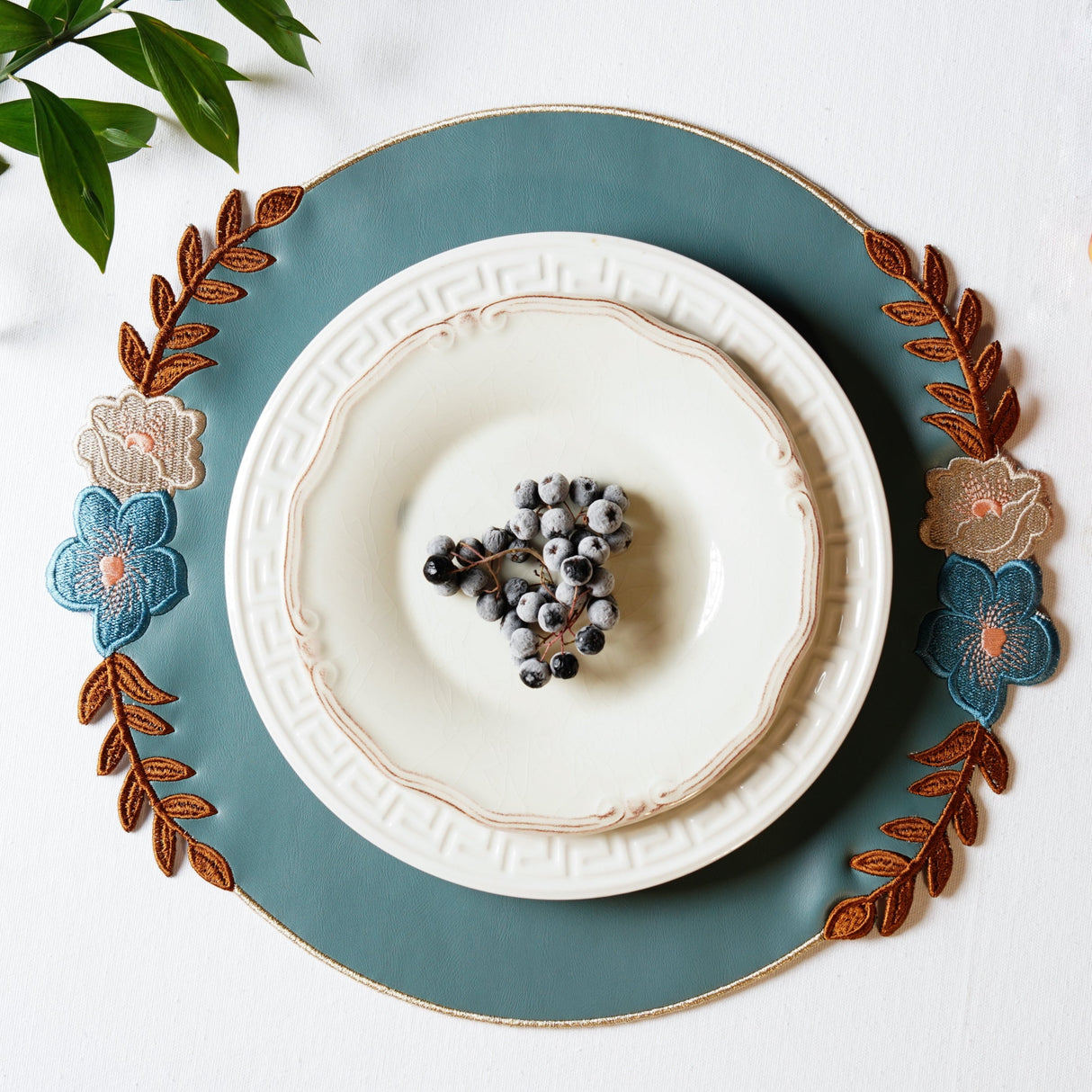 Jasmine Blue Round Faux Leather Placemat