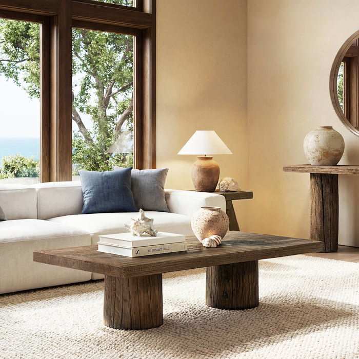 Jennifer Taylor Home Arbor 60" Solid Reclaimed Elm Rectangular Plinth Coffee Table with Sculptural Bases