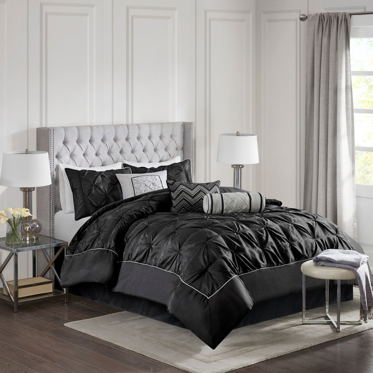 JLA 7 Piece Tufted Comforter Set Black Queen