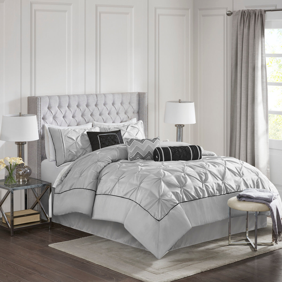 JLA 7 Piece Tufted Comforter Set Grey Queen