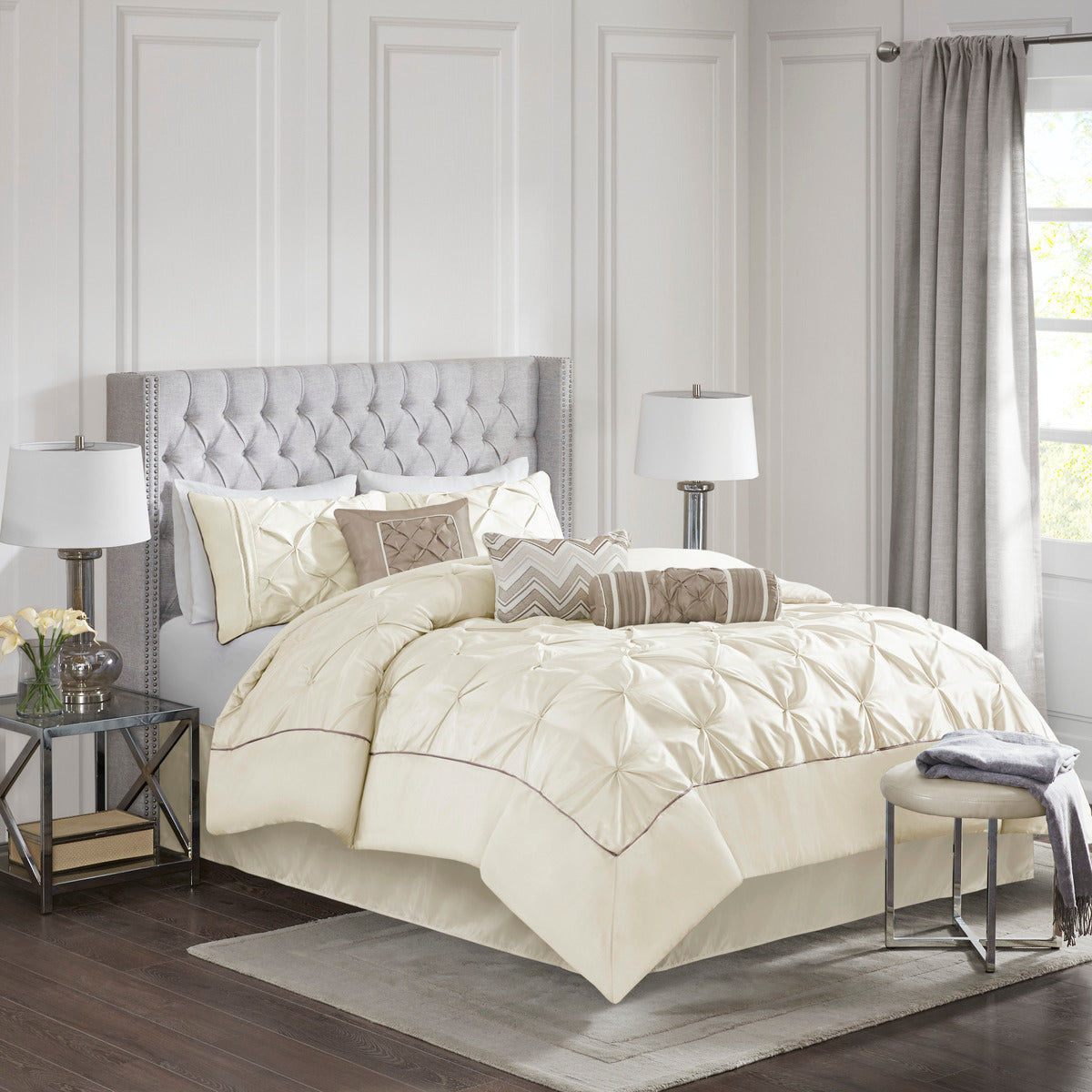 JLA 7 Piece Tufted Comforter Set Ivory Full