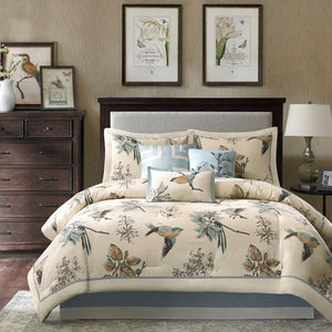 JLA Khaki Printed Cotton Twill King Comforter Set with Embroidery
