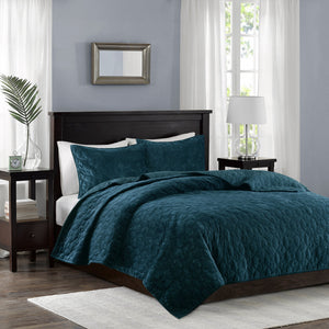 JLA Teal Velvet Quilt Set for King/Cal King with Geometric Quilting