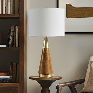 JLA Triangular Table Lamp with Espresso Wood Grain and Linen Shade - view 2