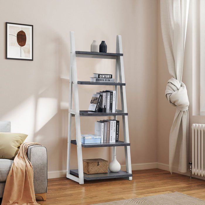 JUSTONE 5-Tier Ladder Shelf with Rubber Wood Frame