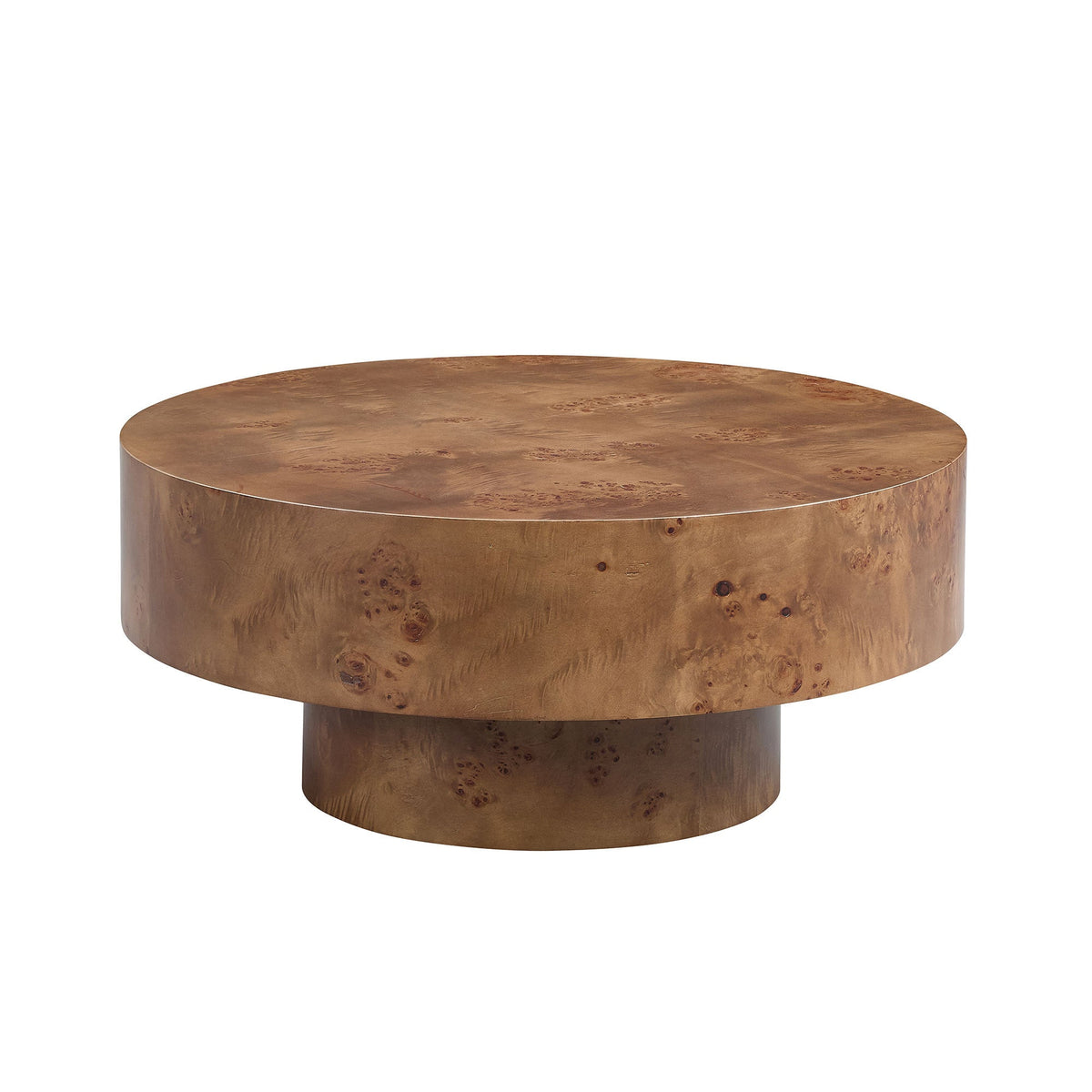 JUSTONE INTERIOR Walnut Burl Wood Veneer Round Coffee Table with Pedestal Base