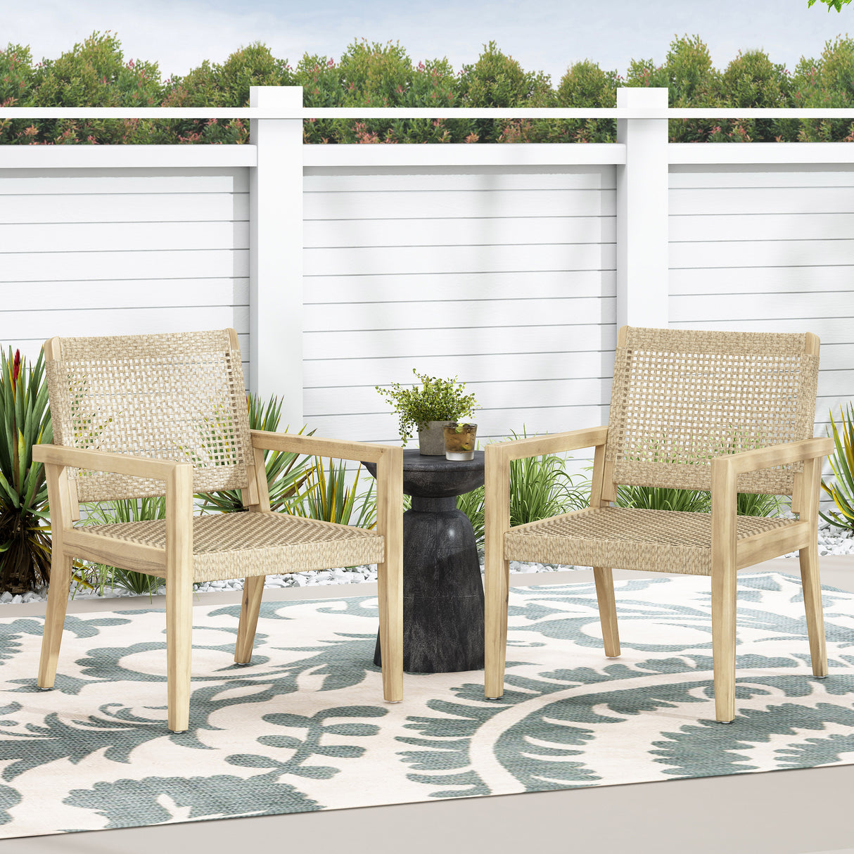 Outdoor Wicker and Acacia Wood Club Chairs - Set of 2