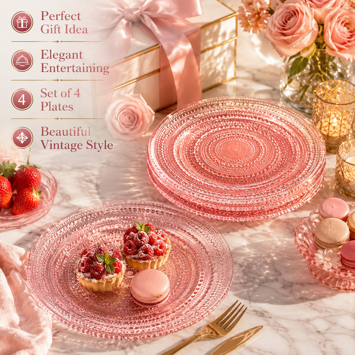 Khen Site Blush Pink Hobnail Glass Dinner Plates - view 5