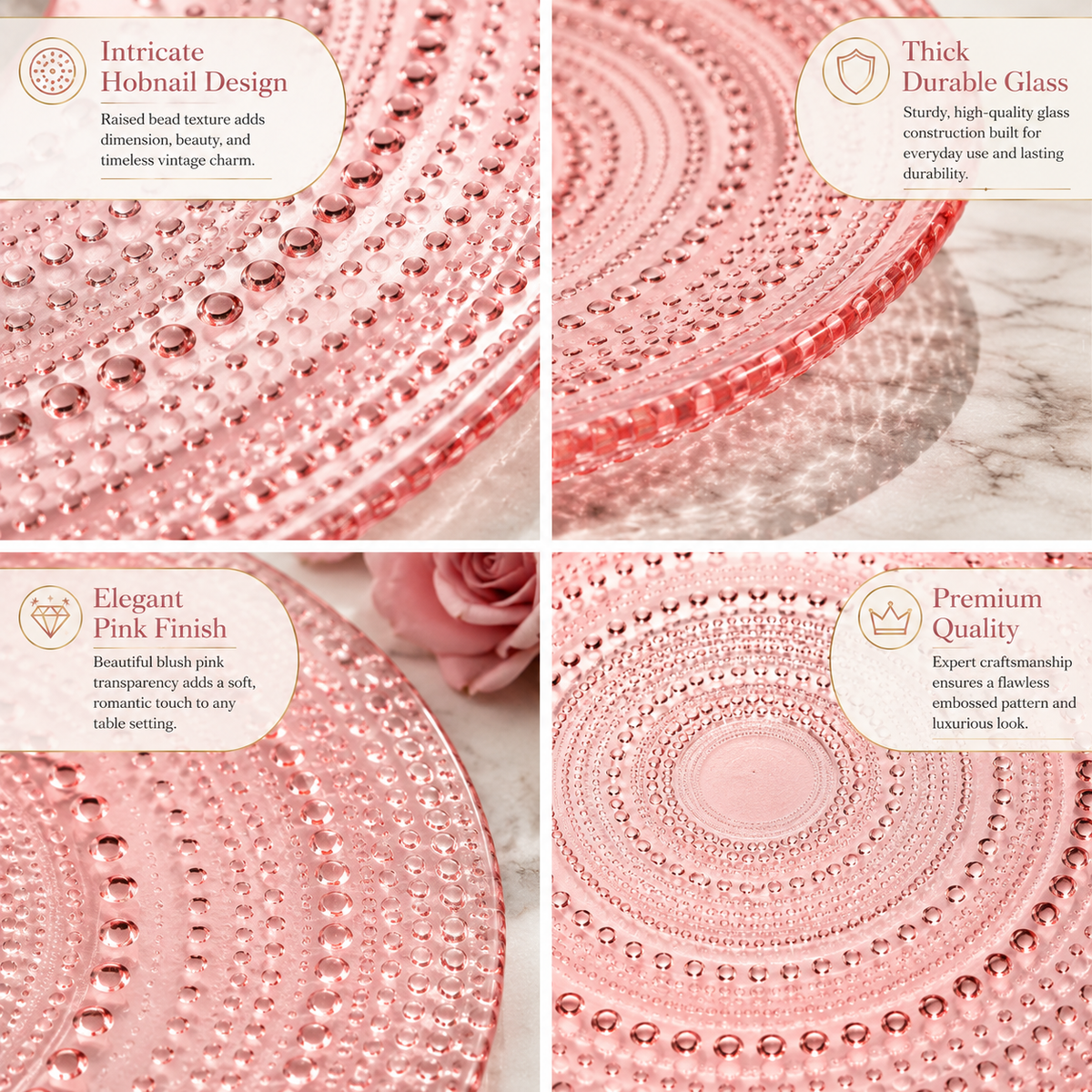 Khen Site Blush Pink Hobnail Glass Dinner Plates - view 6