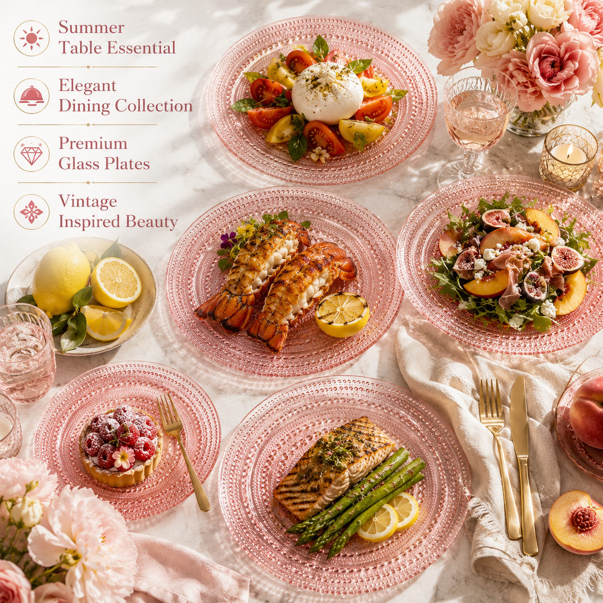 Khen Site Blush Pink Hobnail Glass Dinner Plates - view 7