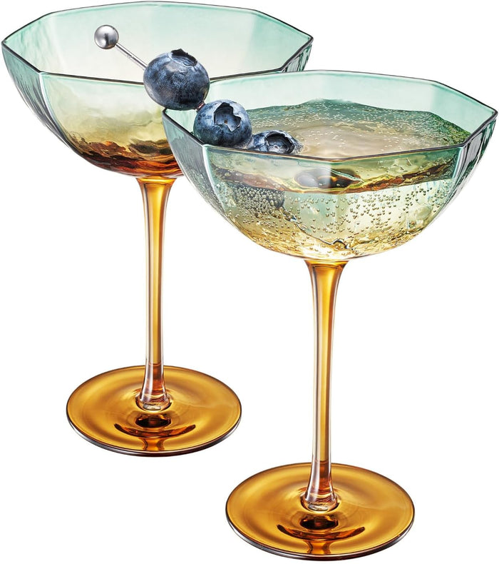 Khen Hexagonal Coupe Glasses Elegant Break Resistant Modern Barware Acrylic Drinkware Set - Set of 2 Teal + Brown | Khen Site