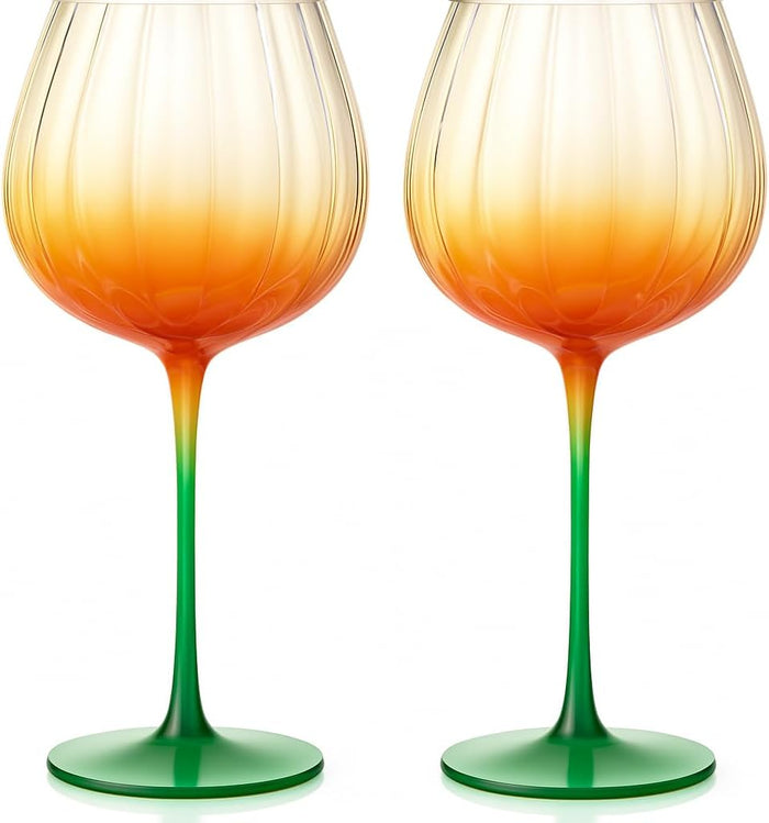 Khen Pumpkin Wine Glasses Fall Inspired Lightweight Borosilicate Decorative Drinkware Stemware - Set of 2 Orange & Green | Khen Site