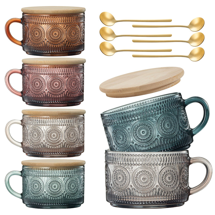Tonal Hobnail Mug Glassware with 6 Lids & Gold Spoons, Set of 6 | Khen Site