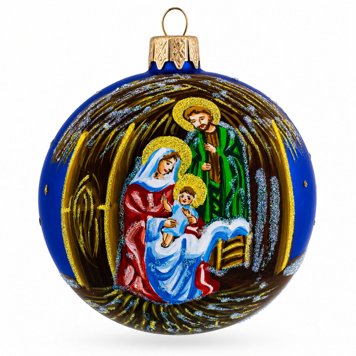 Timeless Nativity Scene in Manger Glass Ball Christmas Ornament 3.25 Inches