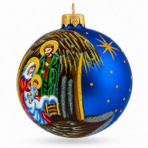Timeless Nativity Scene in Manger Glass Ball Christmas Ornament 3.25 Inches