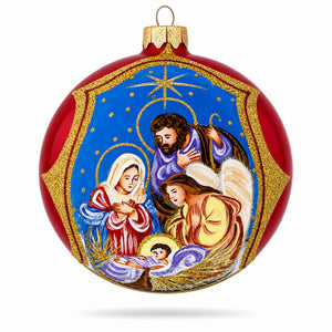 Divine Angel & Holy Family Admiring Jesus Nativity Glass Ball Christmas Ornament 4 Inches