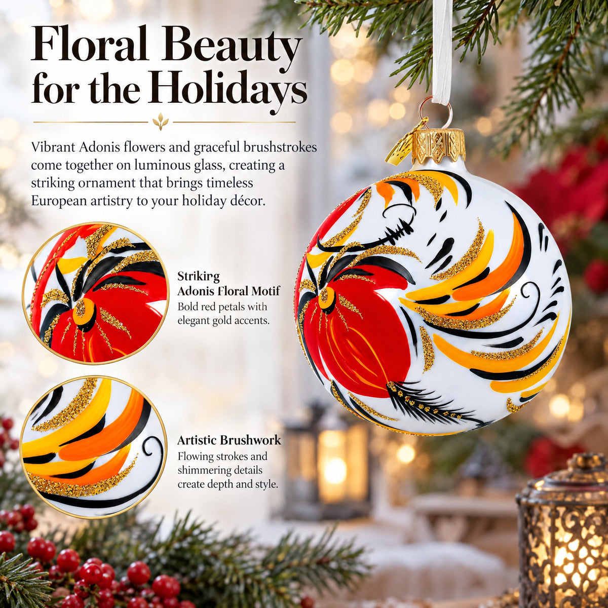Adonis Flowers in White Glass Ball Christmas Ornament