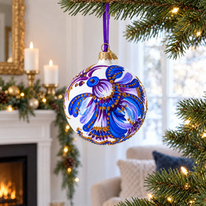 Floral Blue and Gold Glass Ball Christmas Ornament