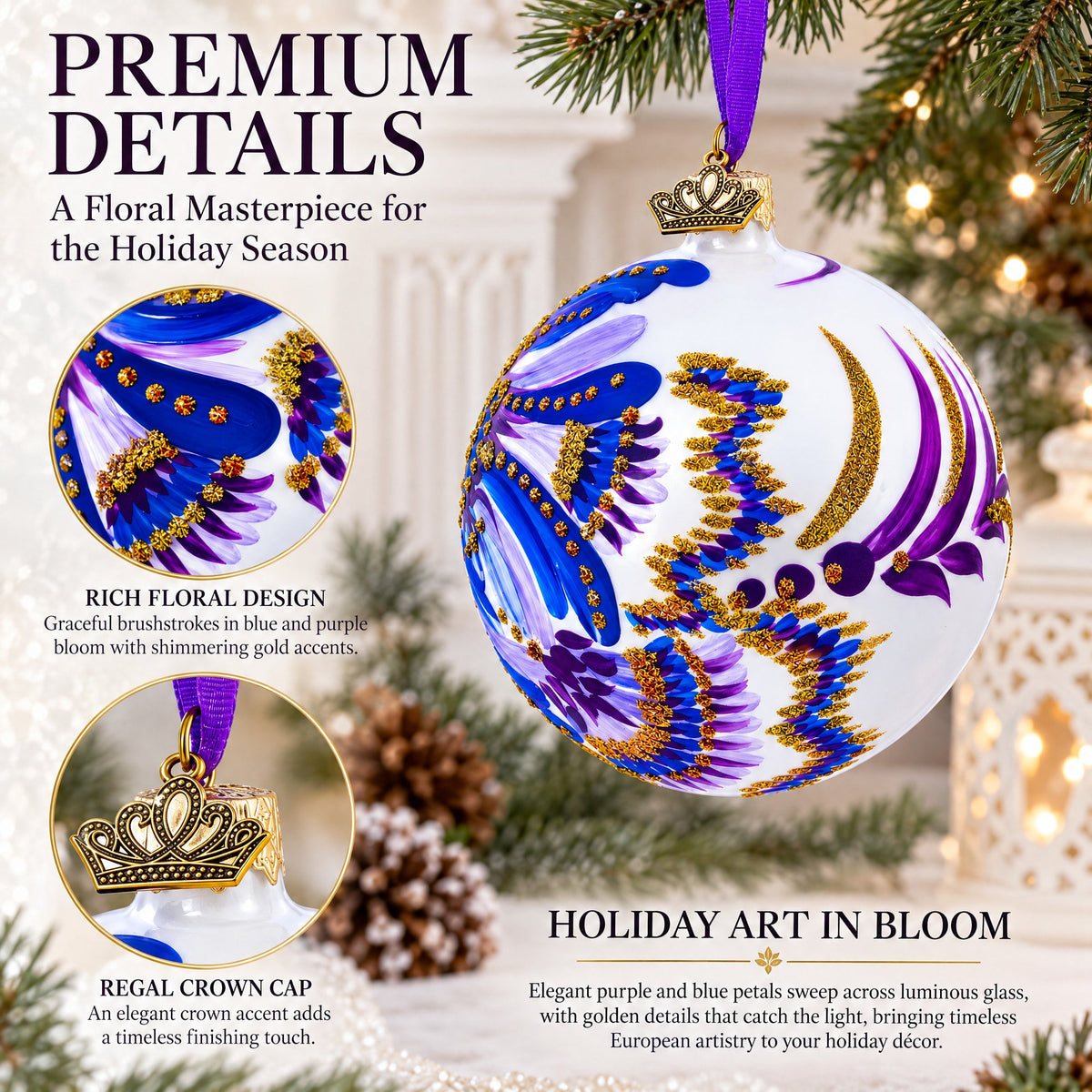 Floral Blue and Gold Glass Ball Christmas Ornament