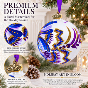 Floral Blue and Gold Glass Ball Christmas Ornament
