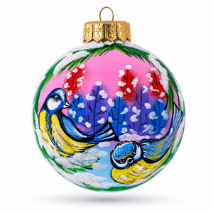 Songbirds in Winter Scene Glass Ball Christmas Ornament 4 Inches