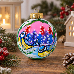Songbirds in Winter Scene Glass Ball Christmas Ornament 4 Inches