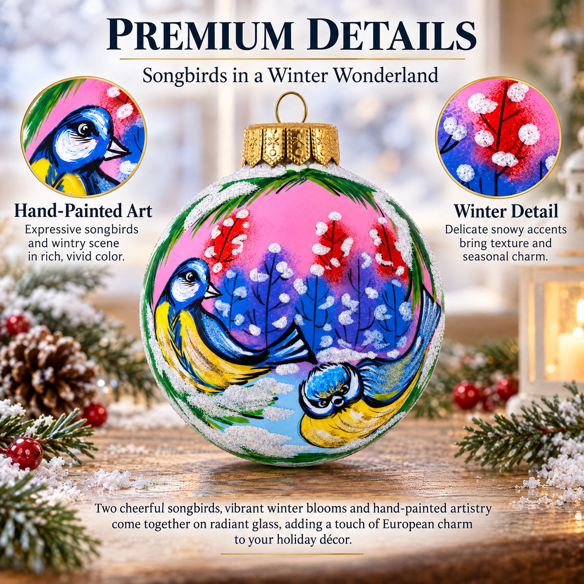Songbirds in Winter Scene Glass Ball Christmas Ornament 4 Inches