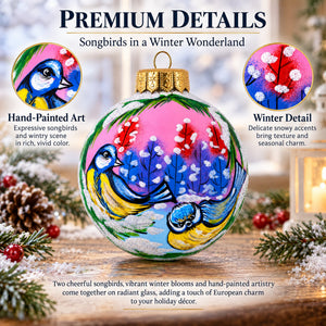 Songbirds in Winter Scene Glass Ball Christmas Ornament 4 Inches