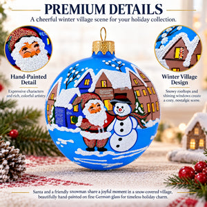 Santa & Snowman Winter Village Scene Glass Ball Christmas Ornament 3.25 Inches