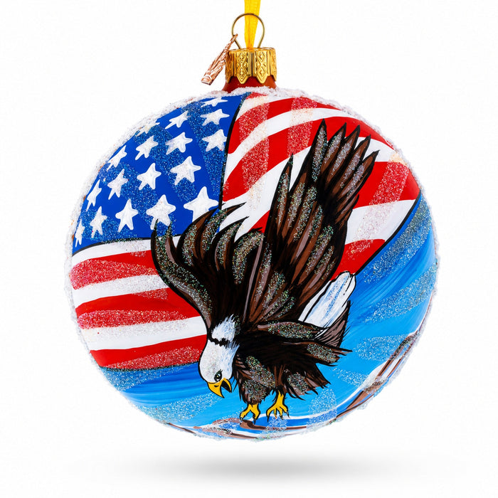 USA Flag and Bald Eagle Glass Ball Christmas Ornament 4 Inches