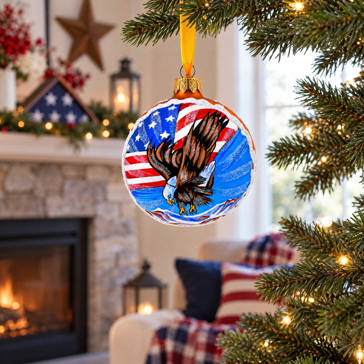 USA Flag and Bald Eagle Glass Ball Christmas Ornament 3.25 Inches