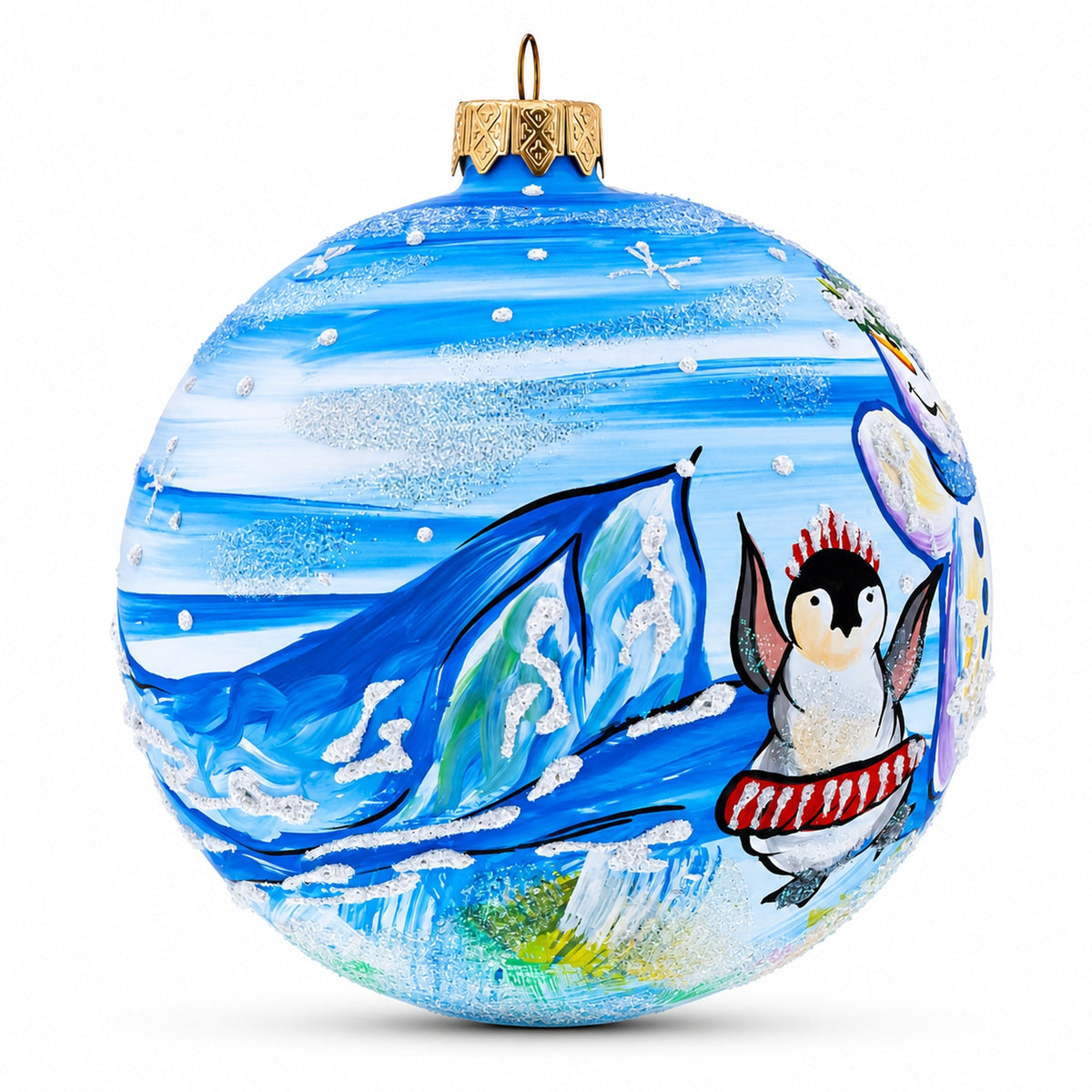Snowman with Penguins Glass Ball Christmas Ornament 4 Inches