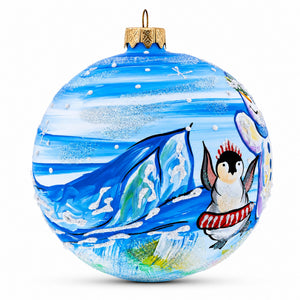 Snowman with Penguins Glass Ball Christmas Ornament 4 Inches