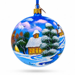 Serene Winter Village Scene with Lake Glass Ball Christmas Ornament 4 Inches